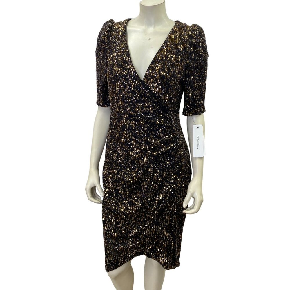 Calvin Klein $149 Sequin Bodycon Dress With‎ Puff Sleeves & Deep V-Neck 10 NWT